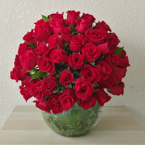 100 Red roses in a fish bowl vase - Dome shape
