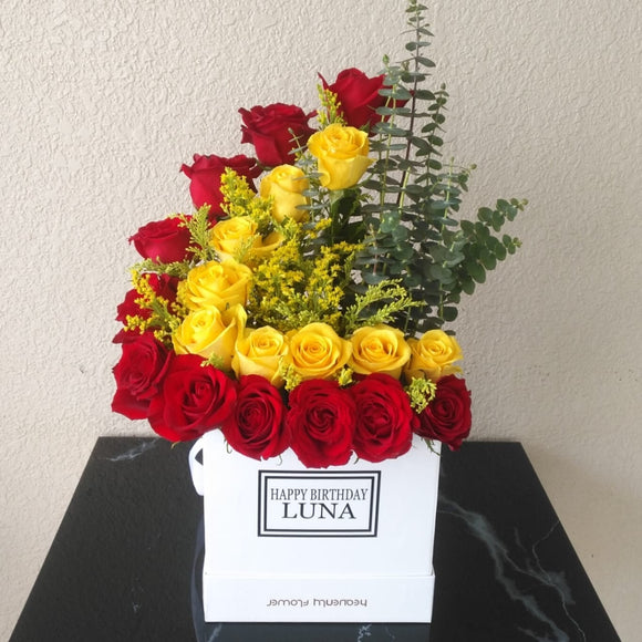 White Box - Yellow and Red Roses arrangement
