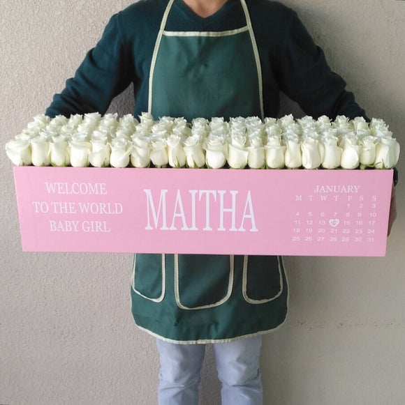 100 white Roses in A long box - Pink Box - Calendar