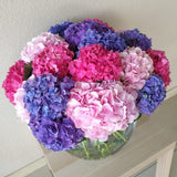 Hydrangea flowers in a large fish bowl vase