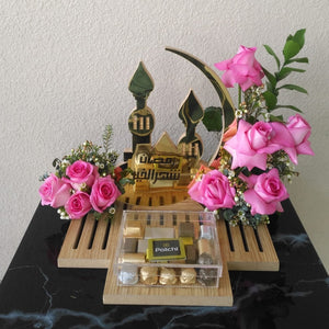 Ramadan flowers arrangement with chocolate - pink flowers