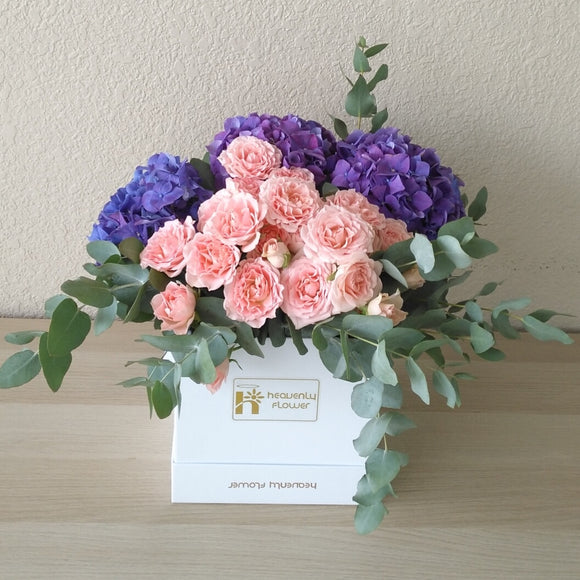 purple hydrangea and pink flowers - White box