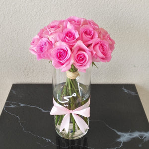 Pink roses glass cylinder vase