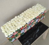 100 white Roses in A long Colorful box
