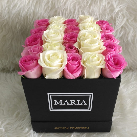 Personalized Pink and White Roses in a Black Box