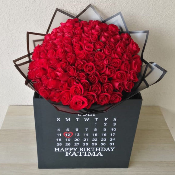 100 Red Roses bouquet in a large square box - Calendar