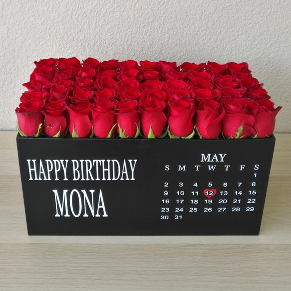 Red roses in black super deluxe box - Calendar