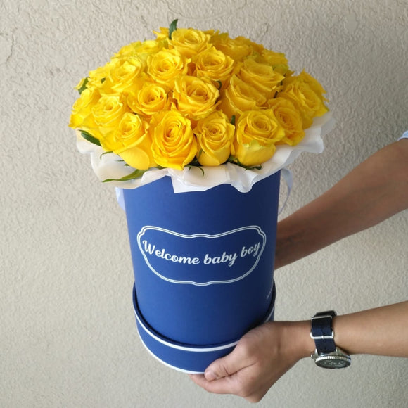 Blue Round Box & Yellow Roses