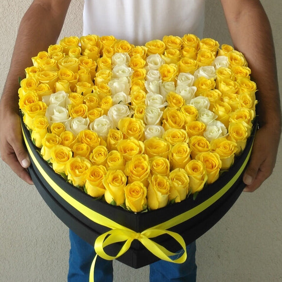 Yellow and white Roses in Heart Shaped Box
