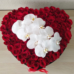 100 Red Roses in A Heart Shaped Box with Orchid on top