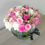 Assorted Color flowers in a fish bowl Vase - Pink and White