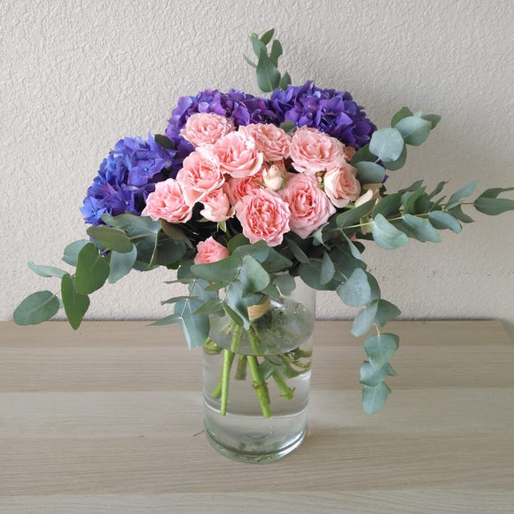 purple hydrangea and pink flowers - Glass Vase