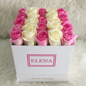 Personalized Pink and White Roses in A White Box