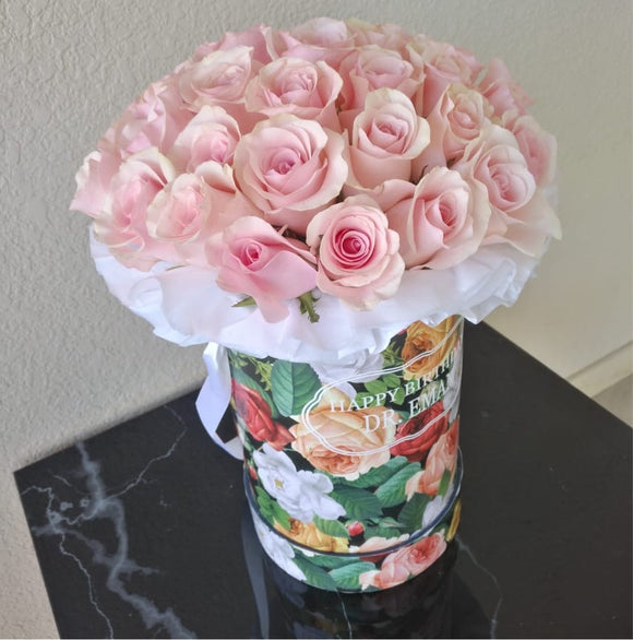 Colorful Box & Pink Roses - Round