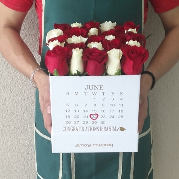 Red and white roses in a white box with calendar ( Personalized )